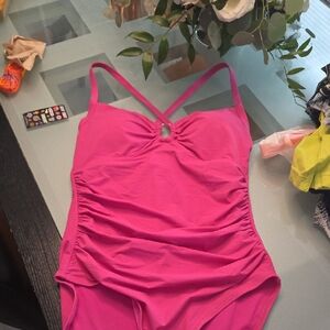 Girls' Hot Pink One-Piece Swimsuit with Crossback Strap Detail